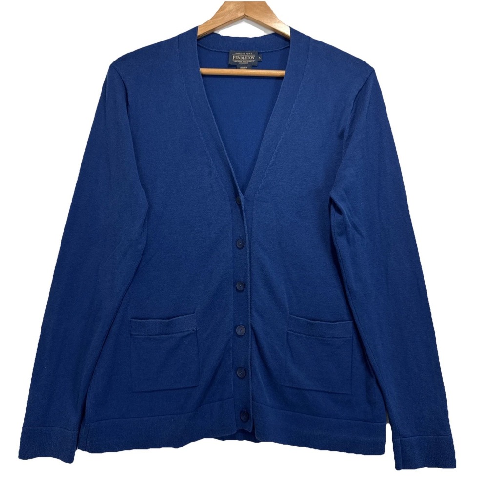 Pendleton Wool V-Neck Cardigan Sweater Womens Large Blue Button‎ Front Pockets